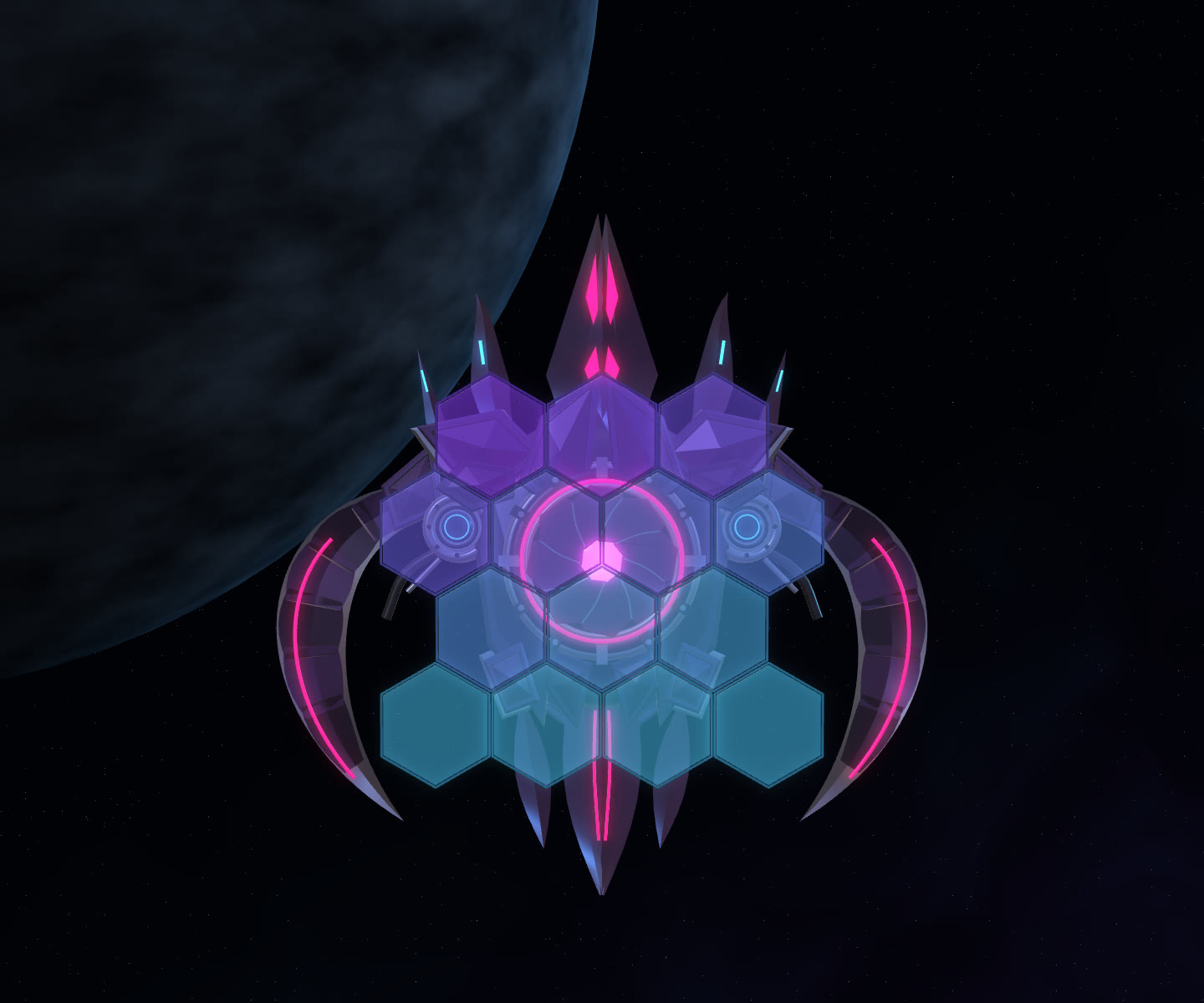 Oblivion Warden in the Assault with its shield intact: a honeycomb of hexagonal cells over the hull, violet at the top and cyan at the bottom.